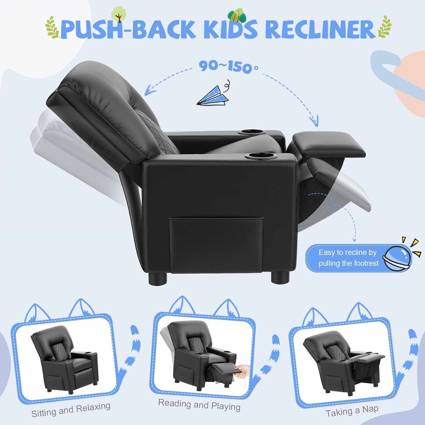 Kids Recliner Chair, Leather Push Back Kids Reclining Chair with Cup Holders & Side Pockets, Safety Adjustable Footrest Toddler Recliner for Age 3+, Kid Recliners for Girls Boys, Black