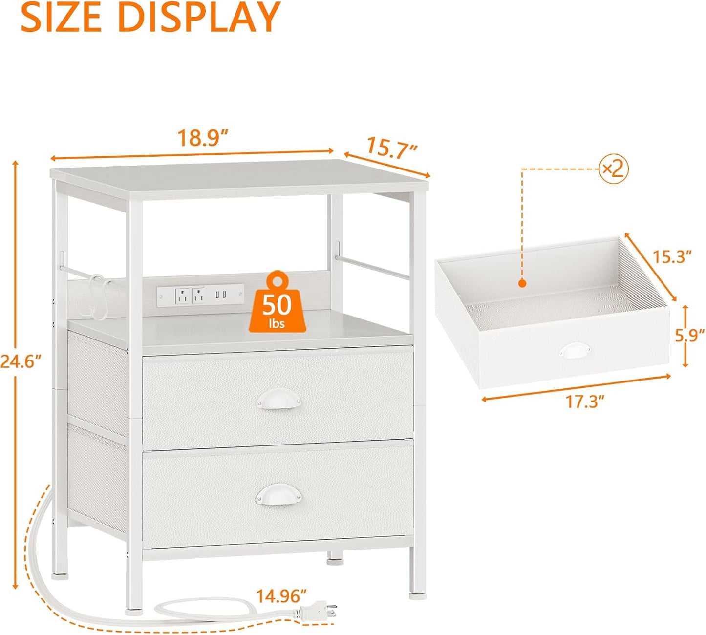 Furologee Night Stand with Charging Station, Bedside Table with Fabric Drawers, End Table with USB Ports & Outlets, White Nightstand with Storage Shelf & Hooks, for Living Room/Bedroom, White