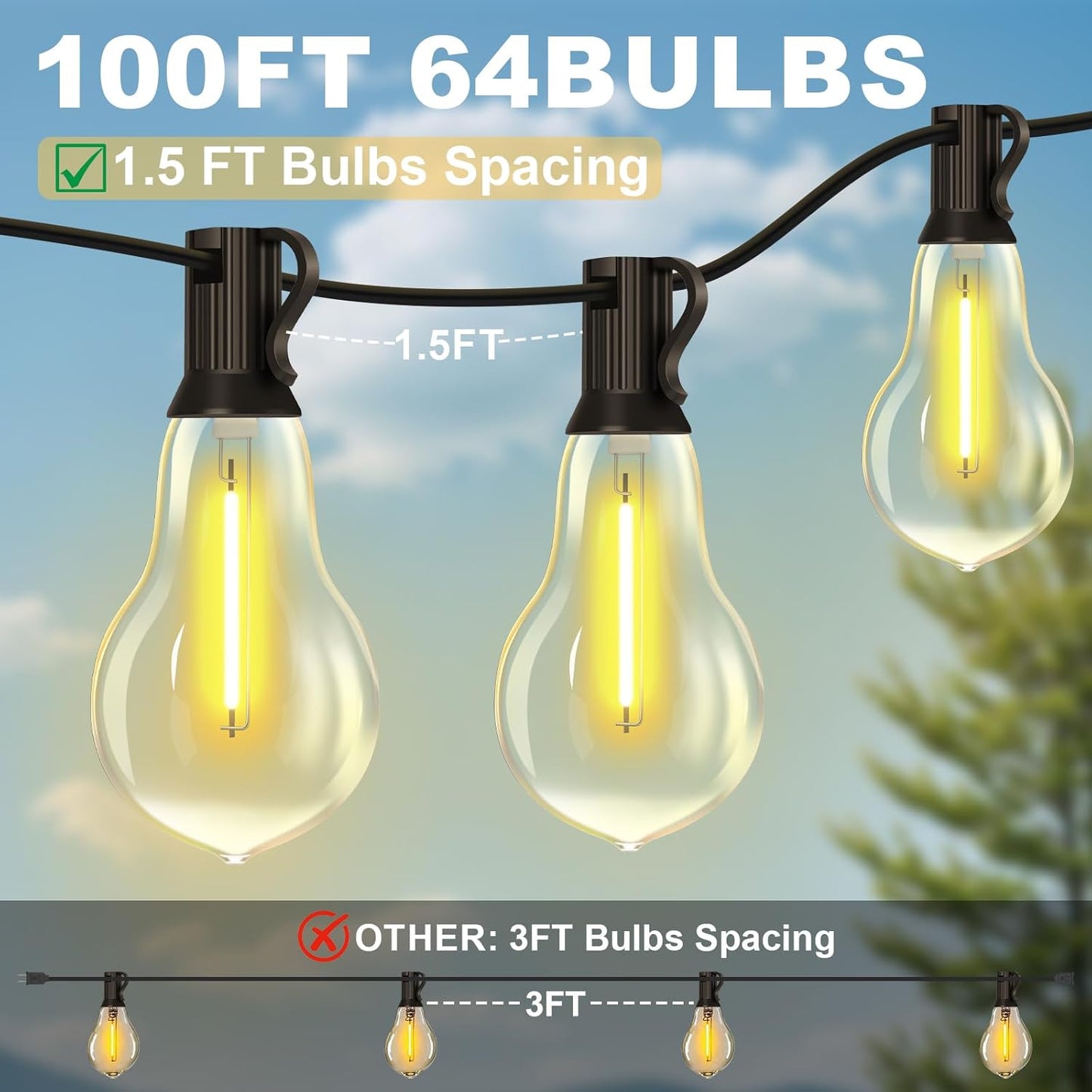 100FT Outdoor String Lights Waterproof with 64+4 Bulbs (1.5FT Bulbs Spacing), Remote & Dimmer, Commercial Patio String Lights with 3 Mode Light & Timing, 100PC Mounting Ties for Outside