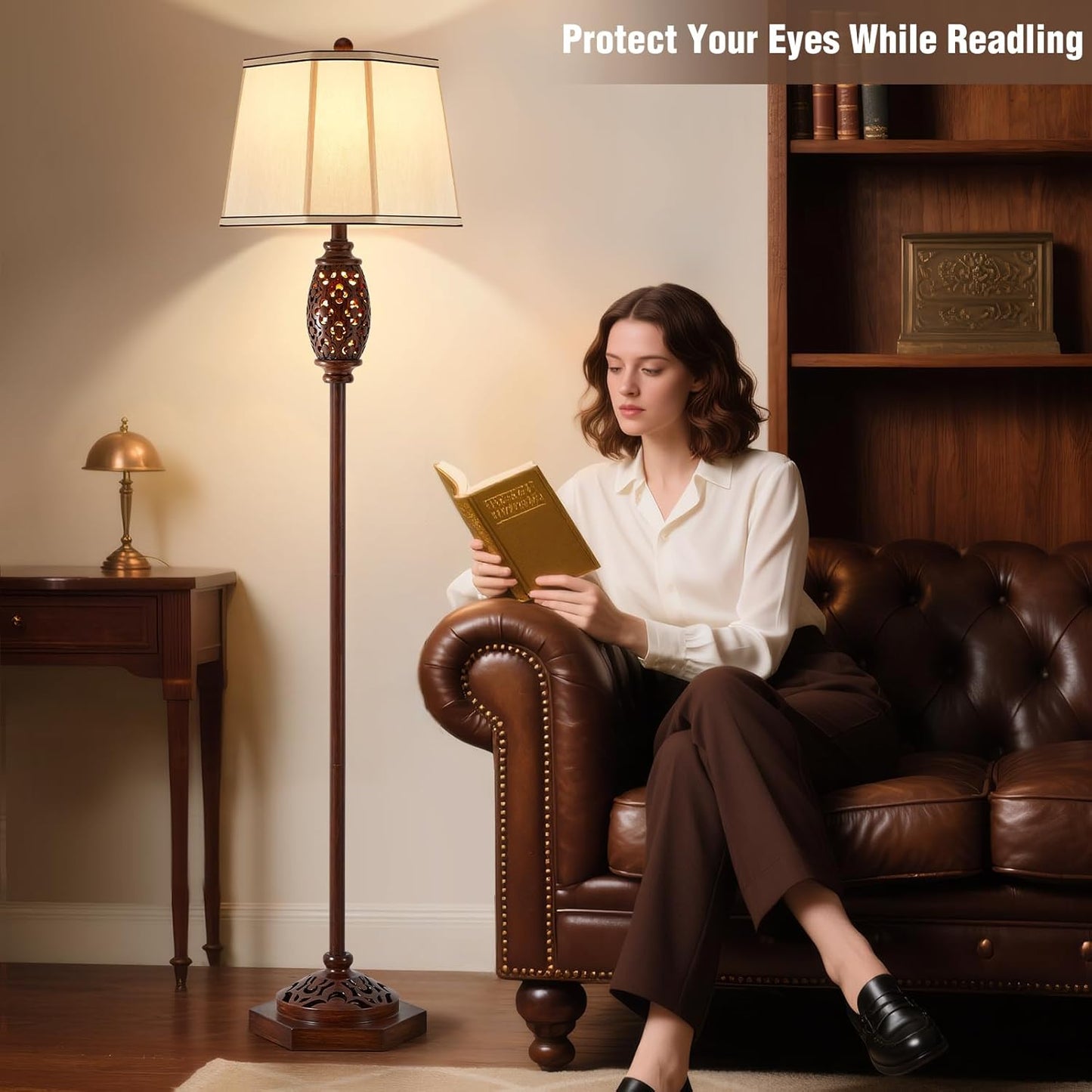 Luvkczc Vintage Floor Lamp - Brown Carved Resin with Hollow Light Design, Rustic Standing Lamp for Living Room, Bedroom, Study(Bulb Included)