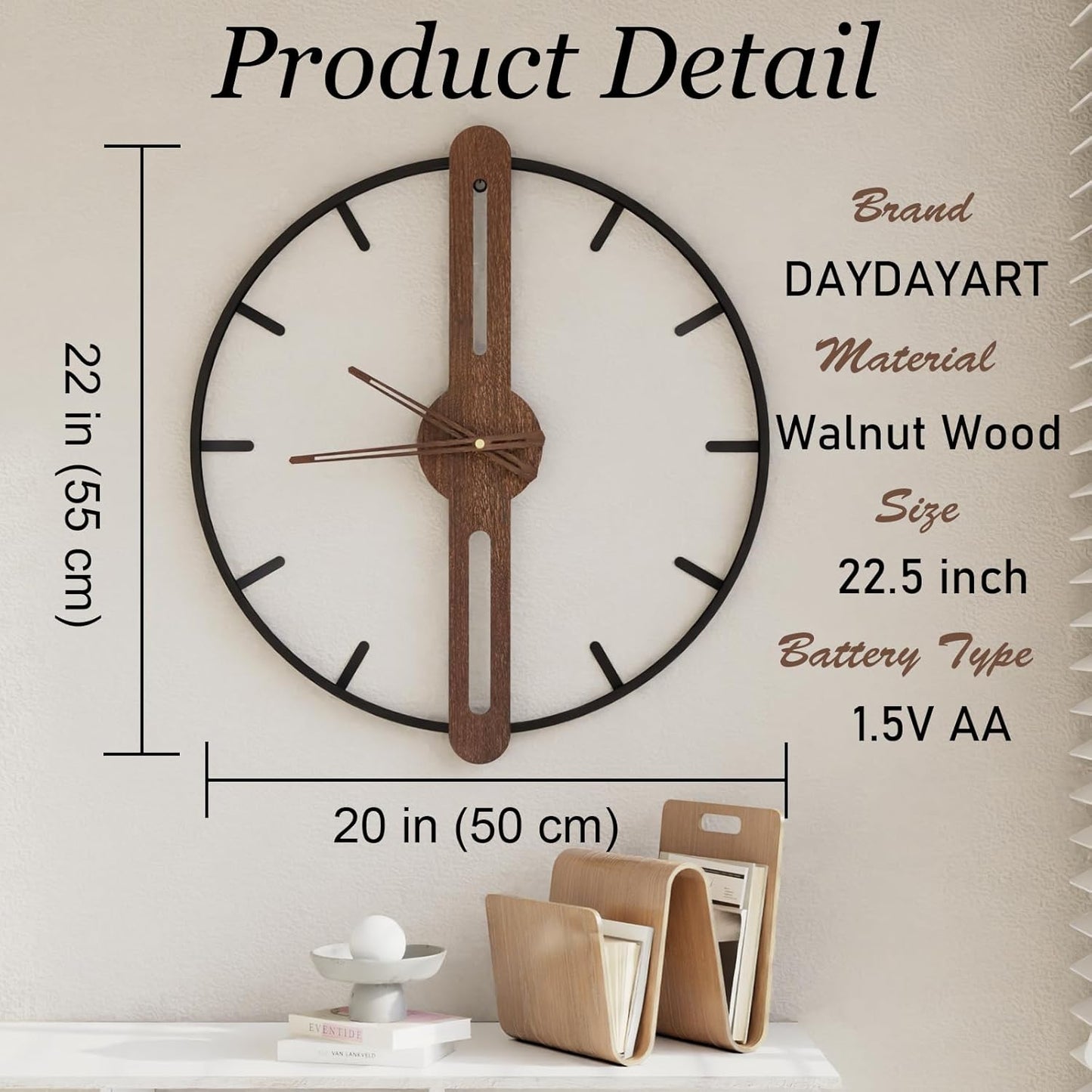 Modern Walnut Dial Wall Clock, Wood Large Wall Clock Decor Metal Frame Silent Non Ticking for Living Room, Bedroom, Kitchen, Study Decoration, Handmade Home Present Idea, 20 in （50 cm）