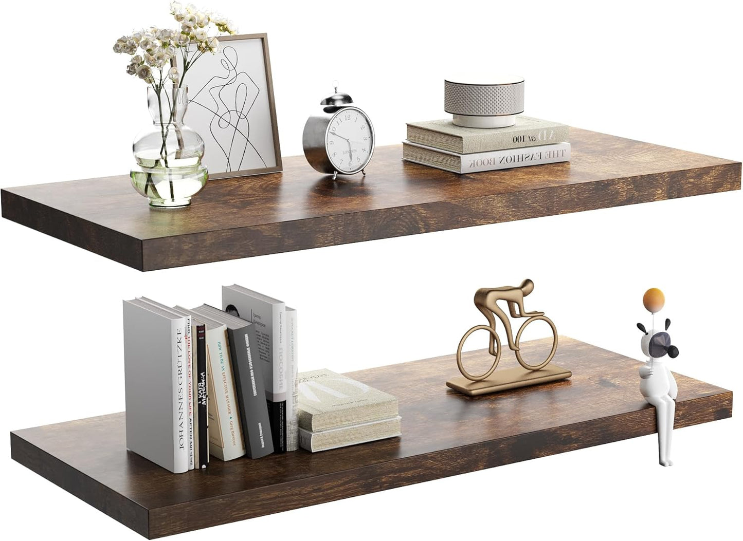 Wall Shelf Set of 2, Rustic Brown Floating Shelves 24 in W x 10 in D x 1 in H, Wooden Floating Wall Shelf with Invisible Brackets for Living Room/Bedroom/Bathroom/Kitchen Storage and Decor