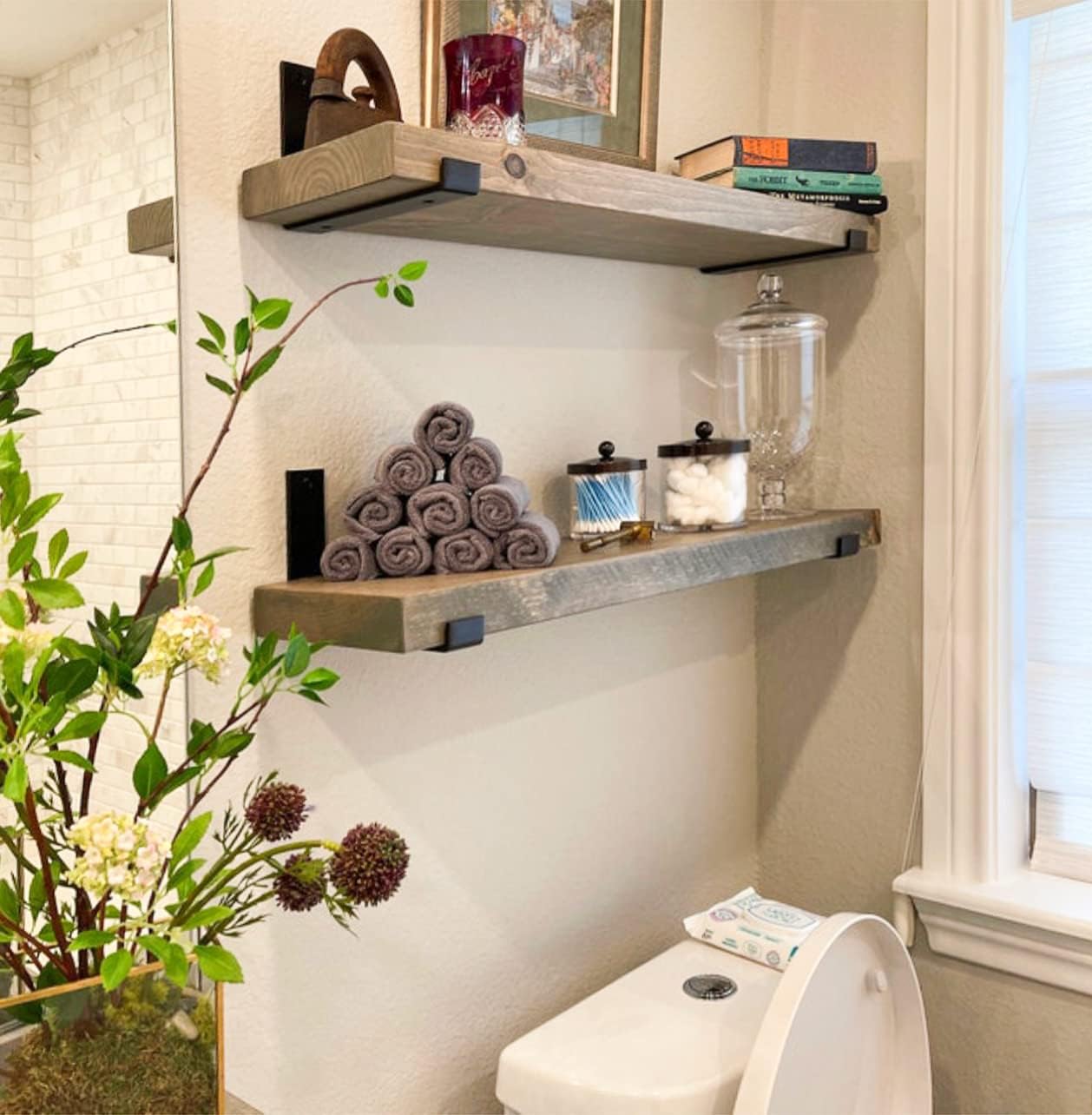 Rustic Shelves with J-Brackets Set of 2, Industrial Shelf, Kitchen Shelves, Solid Wood, Decorative Wall Storage, Heavy Duty, (Grey, 48Wx6D)