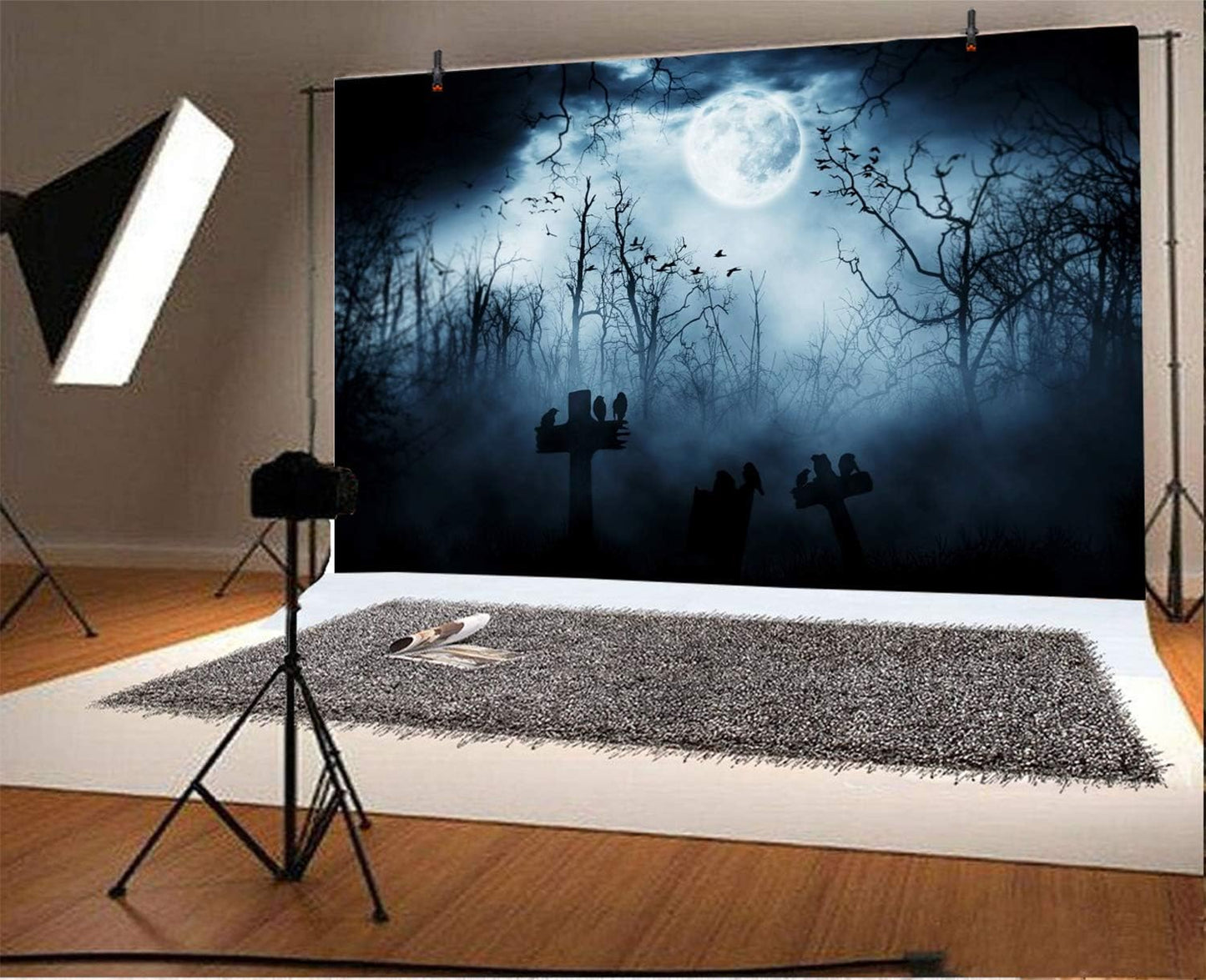 AOFOTO 10x8ft Moon Night Halloween Cemetery Photography Backdrop Flying Bats Birds Stand on Gravestone Cross Graveyard in Dark Forest Photo Background Cloth Vinyl Wallpaper Photo Studio Props
