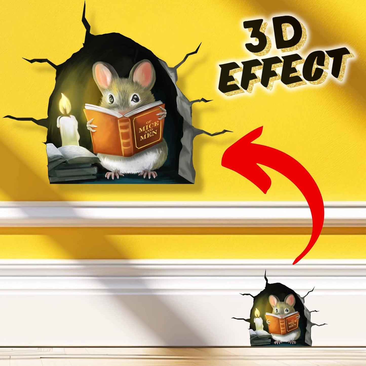3D Mouse Reading Book in Mouse Hole, Decal Sticker, Removable Wall Decor, Book Lover Gift Idea, Baseboard, Wall Sticker Decal, Kids Room, Classroom, Library