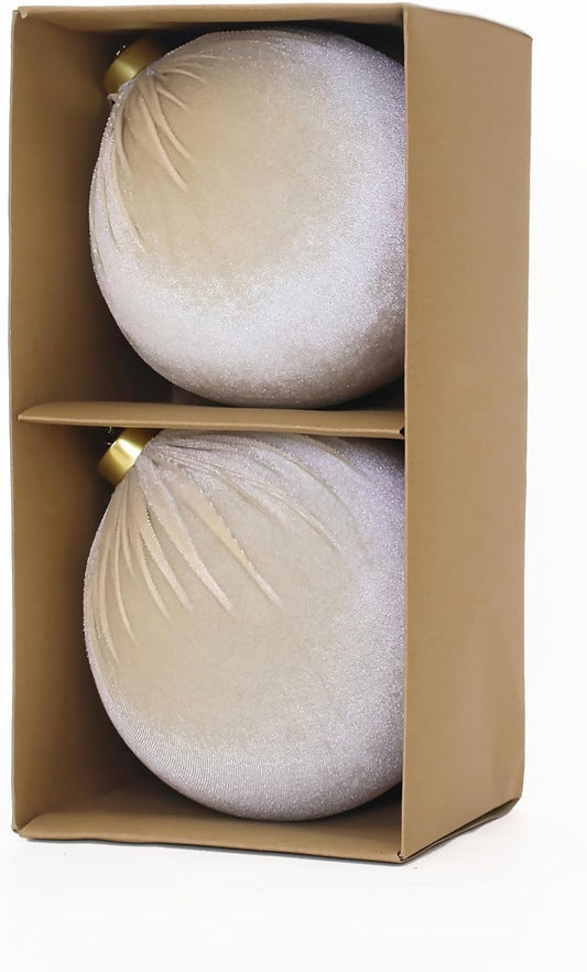 6inch Big Velvet Christmas Ornaments, 2pcs Flocked Ornaments Balls Sets for Christmas Tree Decorations Beige