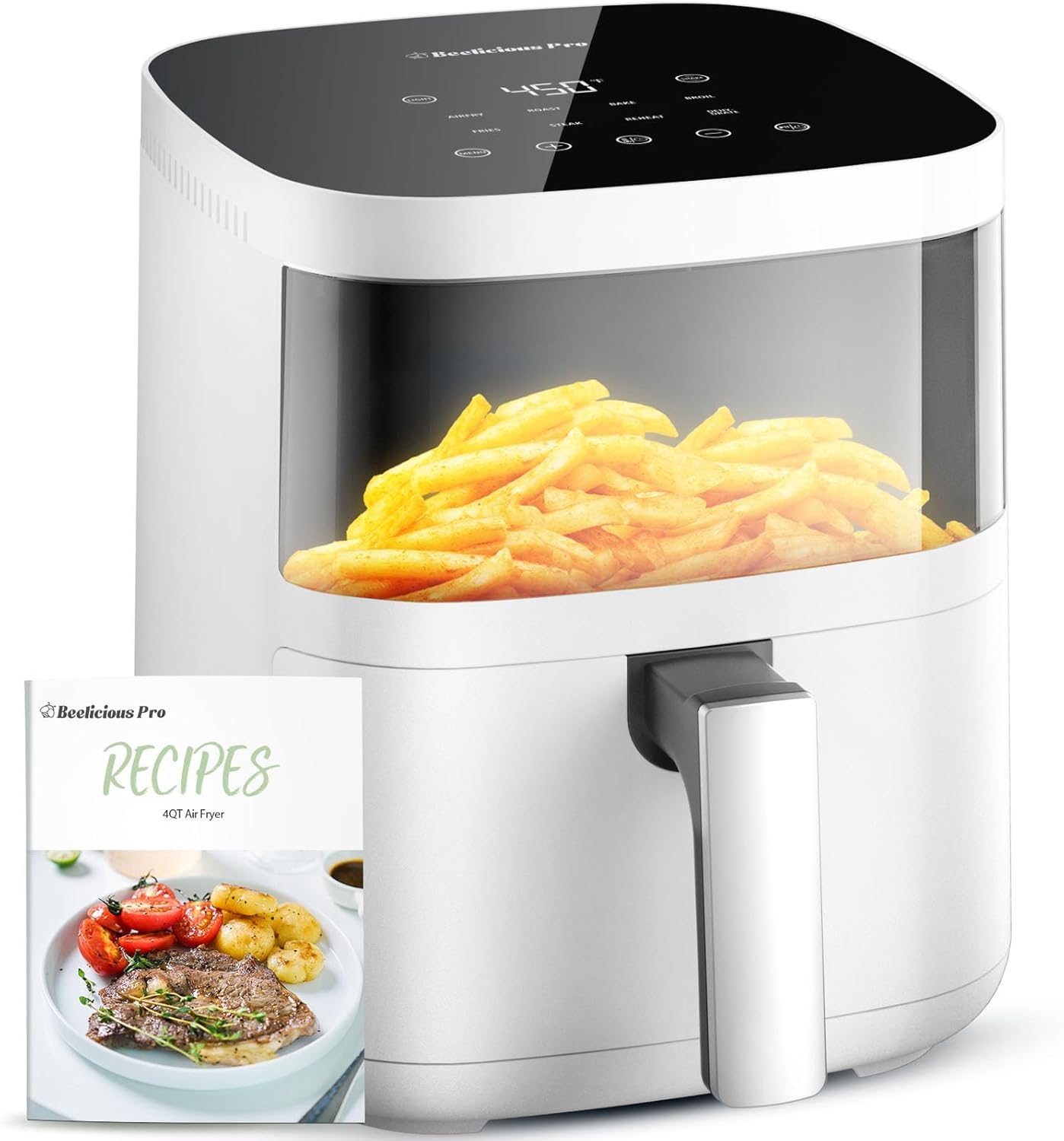 Air Fryer, Beelicious 8-in-1 Smart Compact 4QT Air Fryers, with Viewing Window, Shake Reminder, 450°F Digital Airfryer with Flavor-Lock Tech, Dishwasher-Safe & Nonstick, Fit for 1-3 People, White