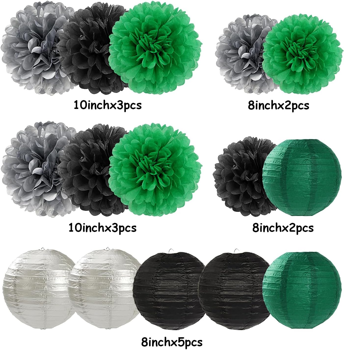 Green-Black Silver Party-Decorations Paper Flowers Lanterns - 15PCS Football Game Day Birthday Tissue Pom Poms Streamers, Bachelorette New Years Hanging Supplies Decor Hugfond