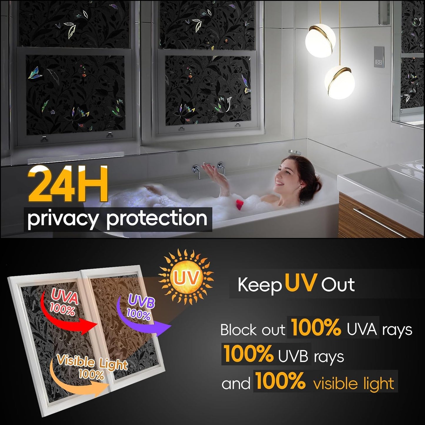 Blackout Window Privacy Film Decorative with Tulip Design, Removable Black Out Tint for Home, 17.5" by 78.74"