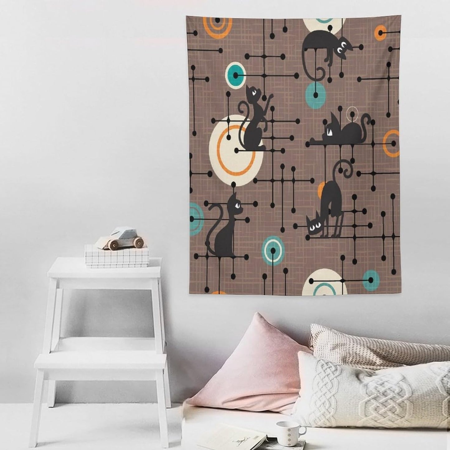 ICMOLYYENLO Boho Medieval Cat Tapestry, Abstract Atomic Starburst Geometric Aesthetic Art Wall Hanging For Bedroom Living Room Dormitory 60x80 Inches