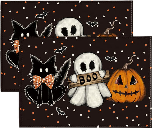 Artoid Mode Polka Dot Ghost Pumpkin Cat Boo Halloween Placemats Set of 2, 12x18 Inch Seasonal Fall Table Mats for Party Kitchen Dining Decoration