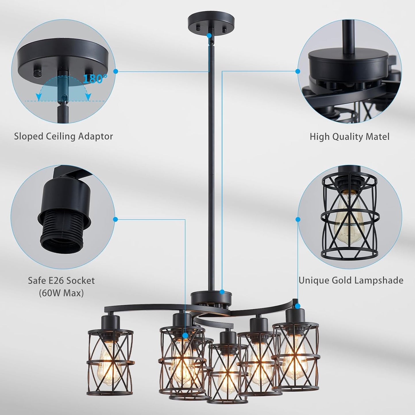 XINGQI Modern Black Chandelier 6-Light Pendant Lighting Fixture with Metal Shade 24" Height Adjustable for Dining Room Living Room Bedroom