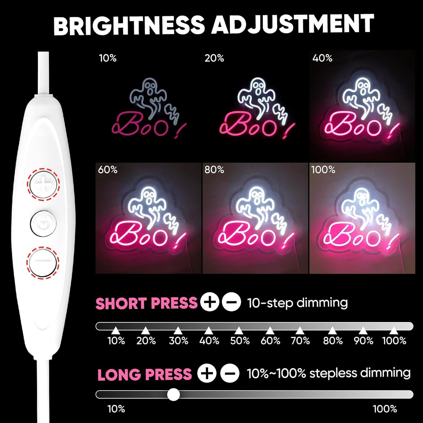 HRGXYUN Halloween Dimmable Ghost Neon Sign, Pink Boo Neon light for Wall Decor,Custom Neon Sign for Bar Club Ghost Room Decoration,5V USB Power 11.8 * 9.85in