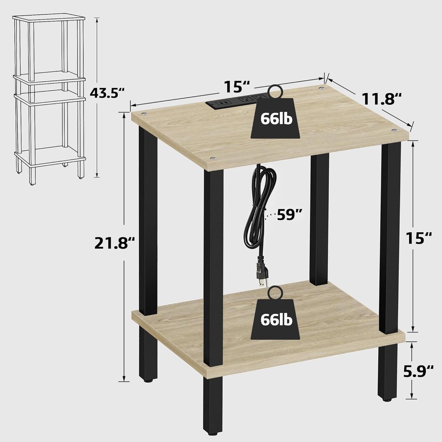 TUTOTAK End Table with Charging Station, Set of 2, Small Side Table with Outlets, Nightstand Bedside Table, 2-Tier Storage Shelf for Small Space, Living Room, Bedroom Oak TB01BO041