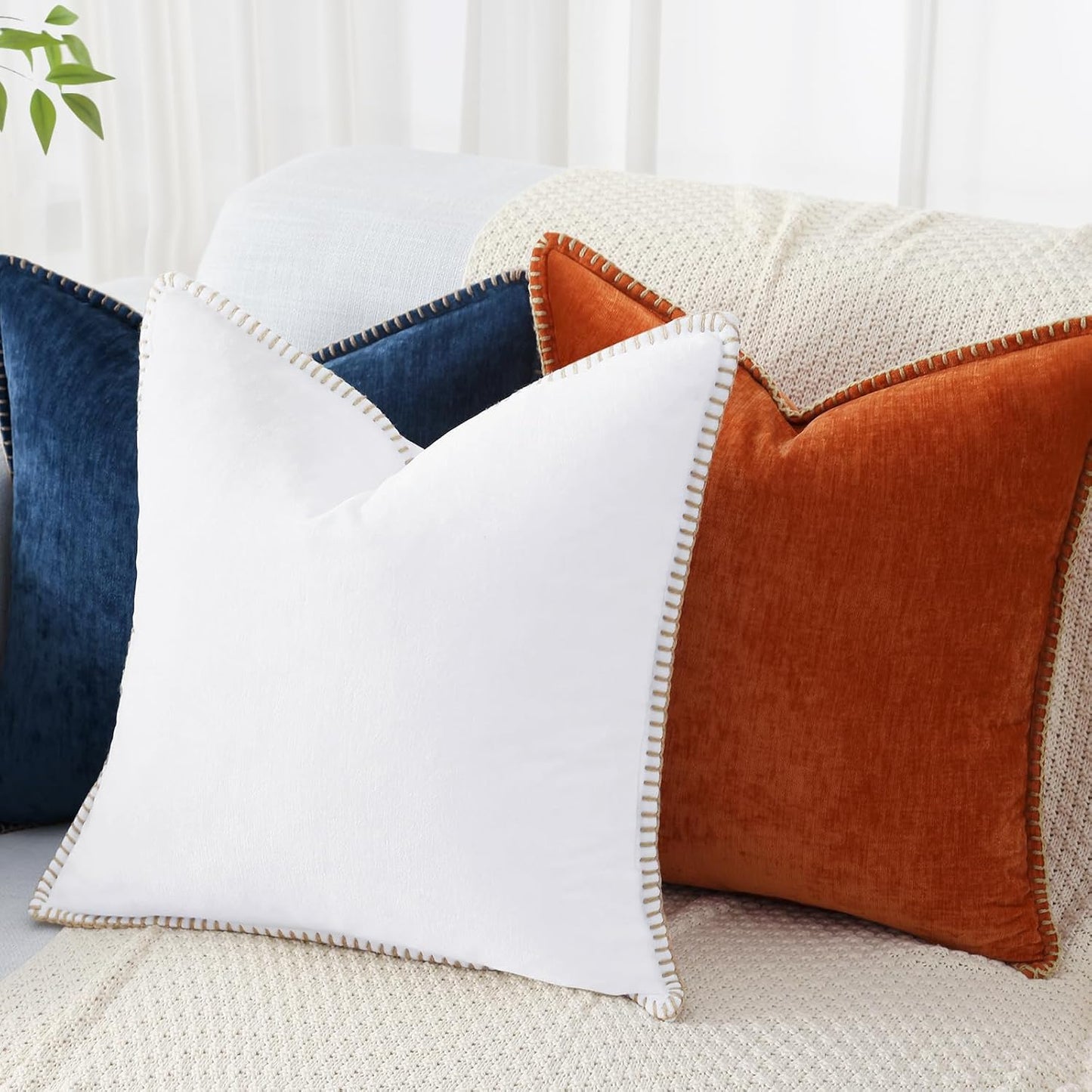 decorUhome Chenille Soft Throw Pillow Covers 22x22 Set of 2, Farmhouse Velvet Neutral Decorative Euro Pillow Covers with Stitched Edge for Couch Sofa Bed Home Decor, White