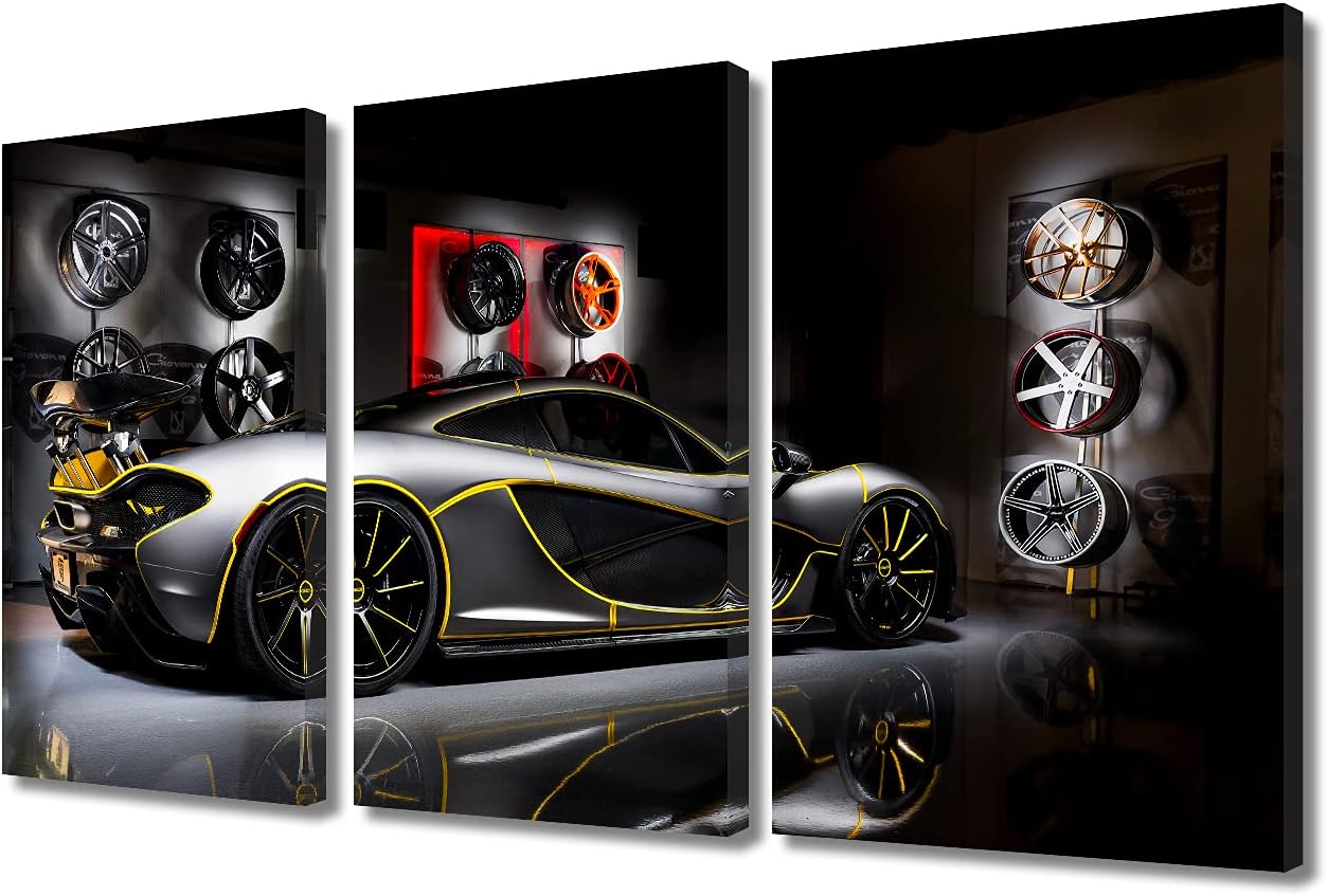 Art Work for Home Walls Sports Car Painting Pictures Canvas Artwork Home Decorations for Living Room Bedroom Giclee Wooden Frame Stretched Ready to Hang Posters and Prints - 12 x 24 inch x 3 Panels