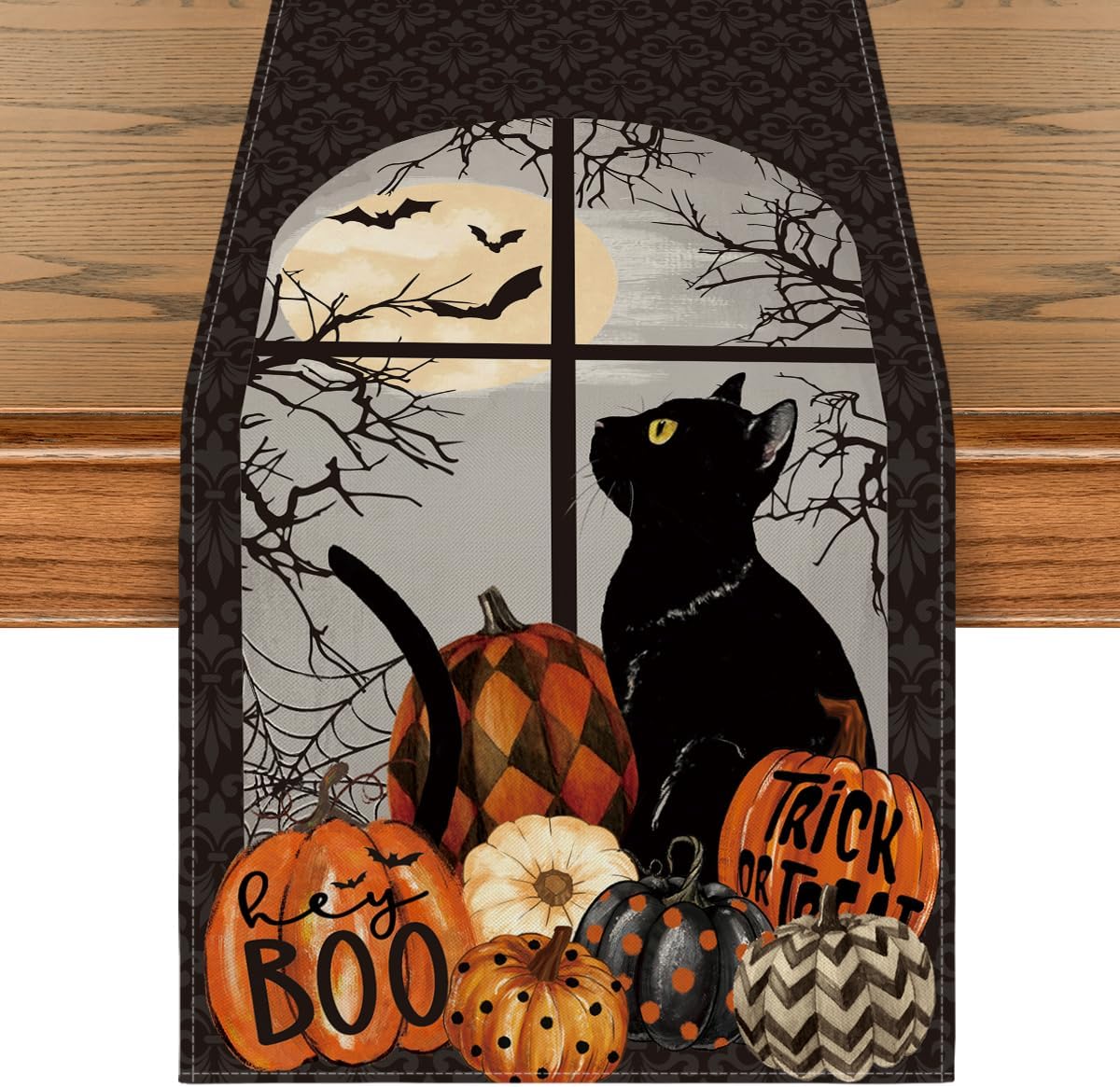 Artoid Mode Boo Black Cat Pumpkins Halloween Table Runner, Trick Or Treat Kitchen Dining Table Decoration for Home Party Decor 13 x 72 Inch