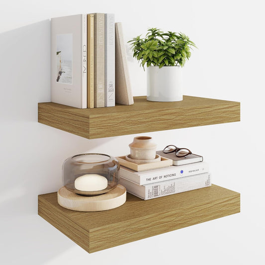 Marsmiles 16" Floating Shelves for Wall, Wooden Shelves with Invisible Brackets Set of 2, Rustic Farmhouse Wall Mounted Shelf for Kitchen Bathroom Living Room Study, Natural Oak