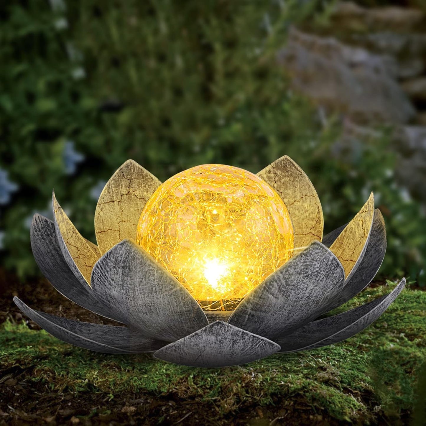 Garden Solar Light Outdoor(2Pack), Amber Crackle Globe Glass Lotus Decoration, Waterproof Gary Metal LED Flower Lights for Patio,Lawn,Walkway,Tabletop, Garden Gifts for Women