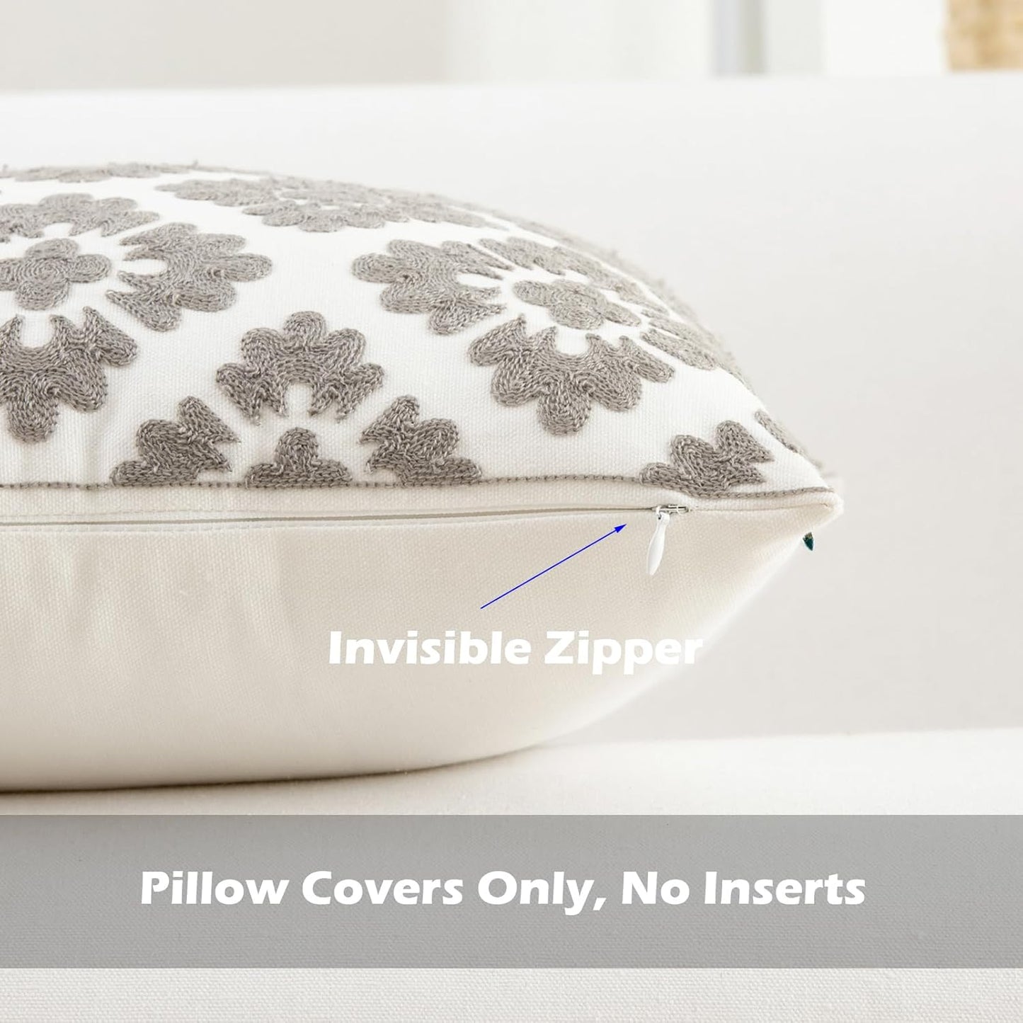 HWY 50 Grey Gray Decorative Throw Pillow Covers 18x18 Inch (1 Piece), Embroidered Cotton Farmhouse Cushion Cover Pillow Case for Sofa Couch Living Room Bed, Geometric Diamond Floral