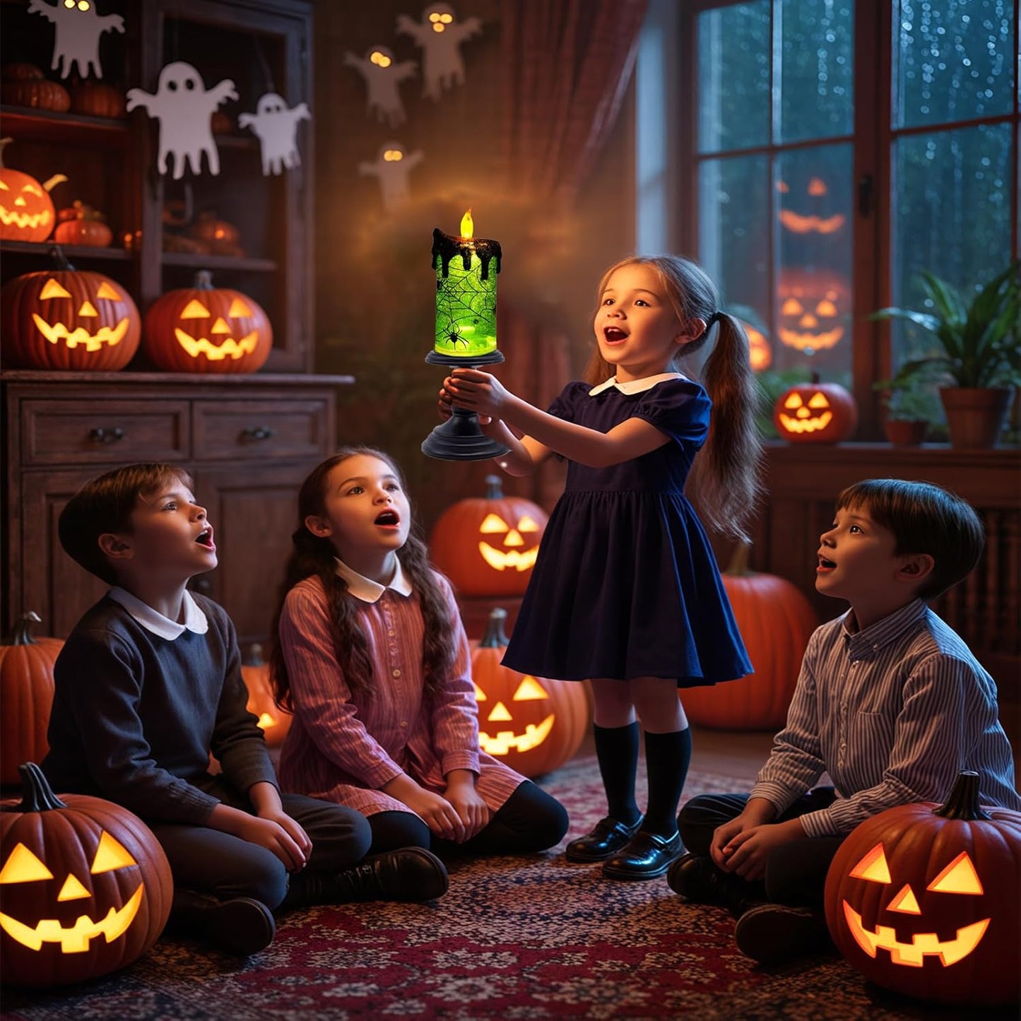 1.Halloween Snow Globe Tornado Flameless Candles Table Centerpiece for Celebration Party,Battery Operated LED Candle with 6 Hours Timer for Home Indoor Halloween Decoration (Spider)