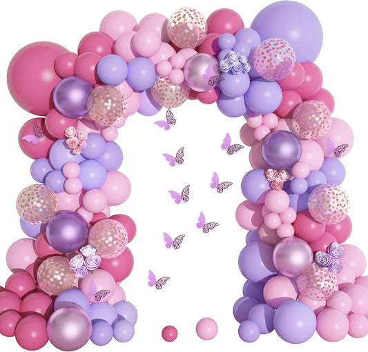 Amandir 175Pcs Pink and Purple Balloon Garland Arch Kit Butterfly Baby Shower Decorations for Girl, Lavender Purple Dusty Pink Balloon for Women Birthday Bridal Shower Wedding Party Supplies