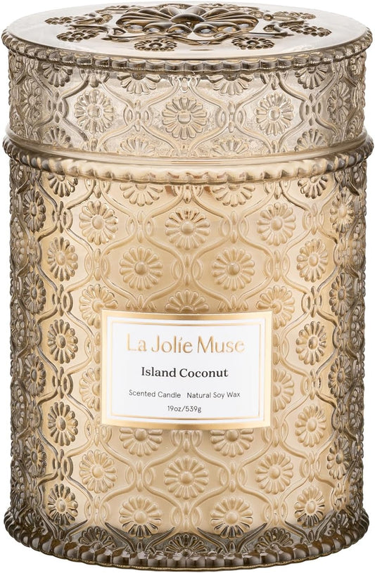 LA JOLIE MUSE Vanilla Coconut Candle – Coconut, Freesia & Vanilla | 19 oz Large Wooden Wick Candle | Natural Soy Wax | 90 Hours Clean Burn | Gift-Ready for Hosts & Gatherings | Elegant Home Décor