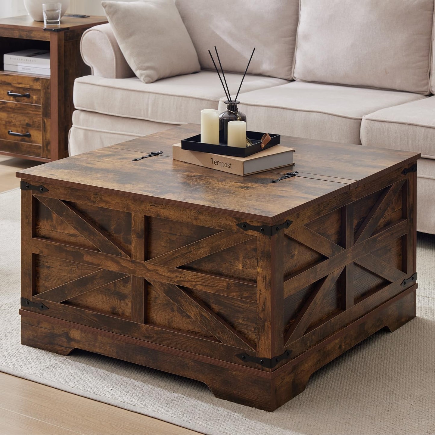 Coffee Table with Storage, Rustic Brown Square Coffee Tables for Living Room, Lift top Coffee Table with Large Hidden Compartment, Smart Cocktail Tables with Flip Top Lids for Home Office