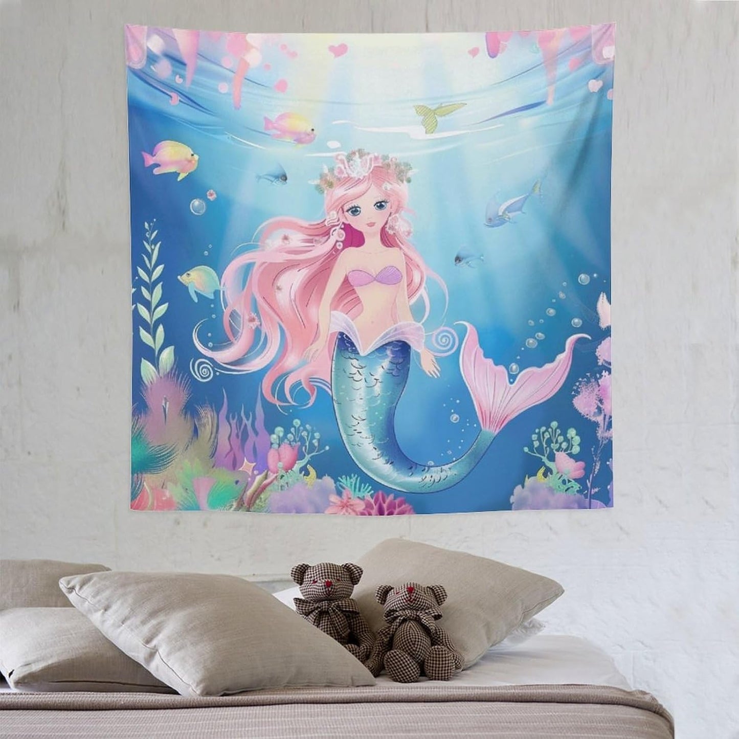 HZOHNAGO Mermaid Girls Tapestry Watercolor Mermaid Princess Pattern Printed Wall Tapestry Wall Hanging for Bedroom Living Room Dorm 60" W x 60" H