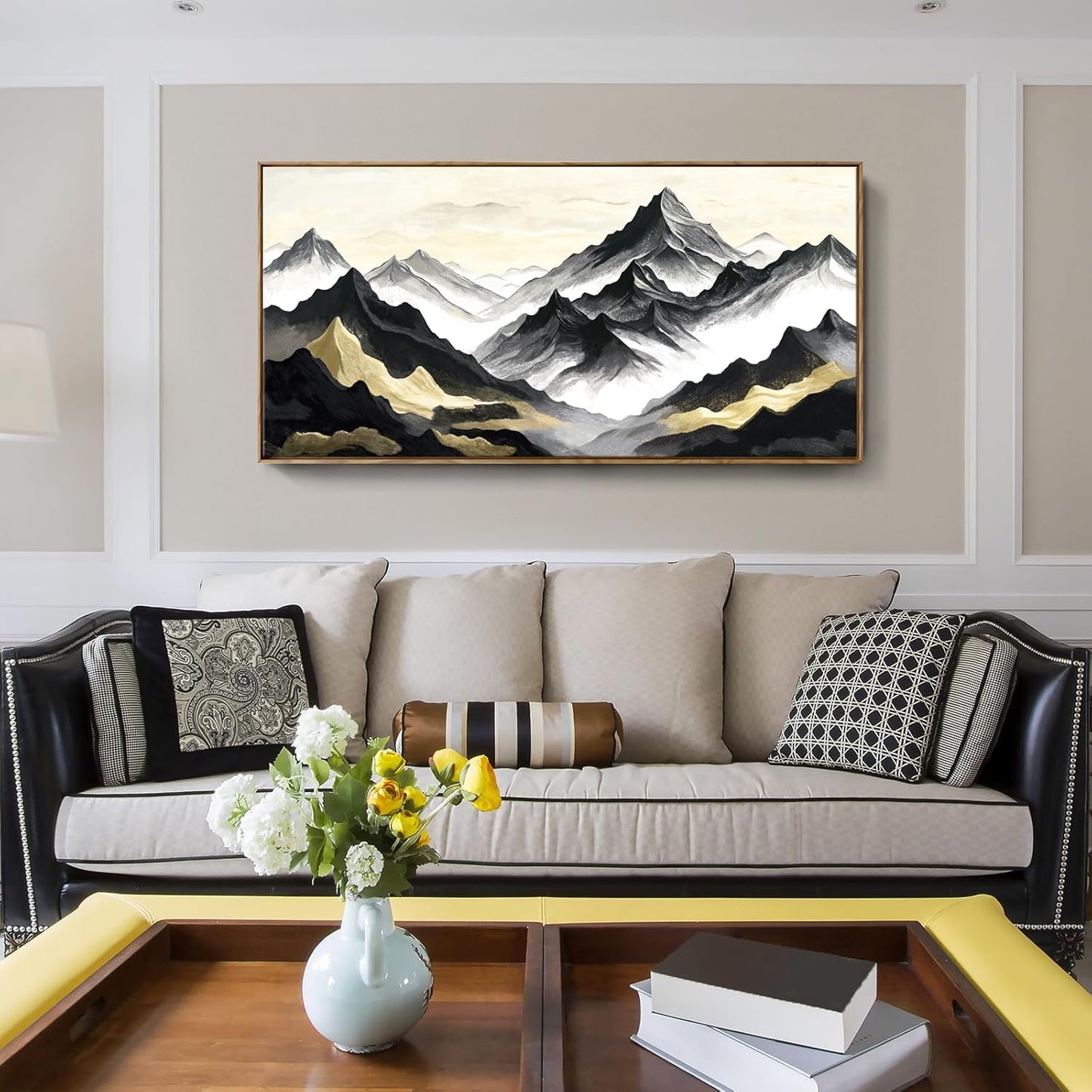 amatop Large Framed Canvas Wall Art Modern Abstract Mountain Landscape Art Print Zen Minimalist Artwork Black and White Decorative Motivational Picture for Office Living Room Bedroom Decor 48x24 Inch