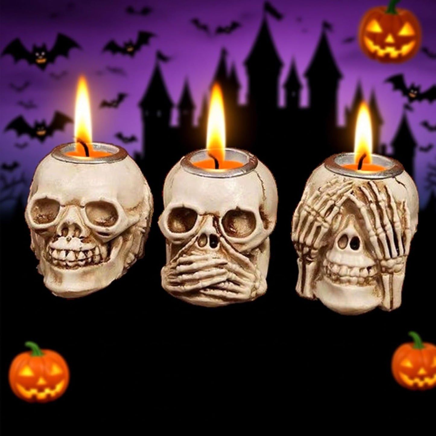 Halloween Skull Candle Holder, Skeleton Head Candlestick Holders Table Decor Centerpiece Candlesticks, Resin Horrible Spooky Creepy Crafts for Flameless Candle Halloween Christmas Home Party, Set of 3