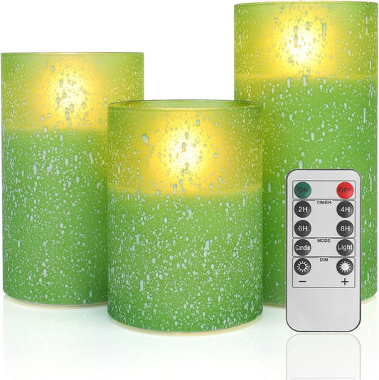 Green Flameless Candles with Remote, Glass LED Pillar Battery Operated Candles with Timer, Flickering Decorative Lights for Home Weddings Holidays Gift Set of 3