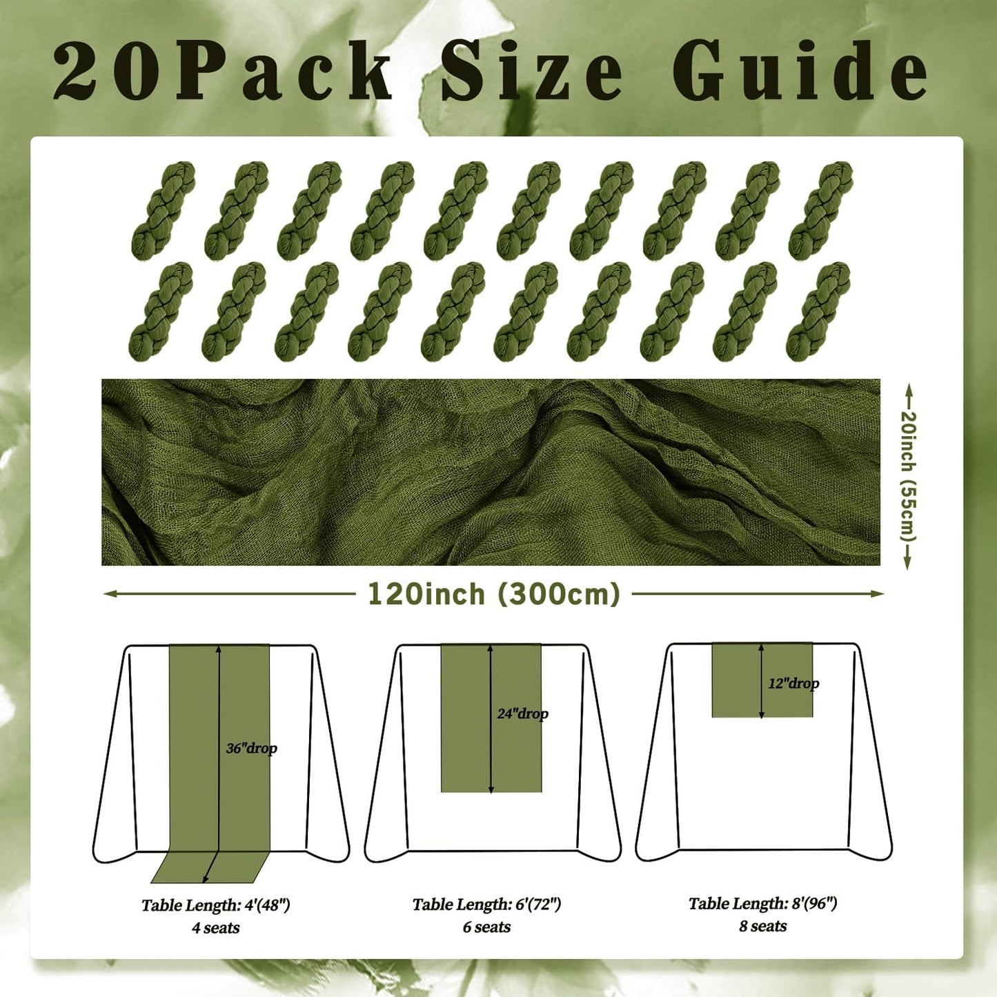 20 Pack Olive Green 10FT Cheesecloth Table Runner Rustic Gauze Cheese Cloth Table Runner for Wedding Bridal Baby Shower Table Decorations Boho Fabric Sheer Birthday Party Decor 20 x 120 Inch Long