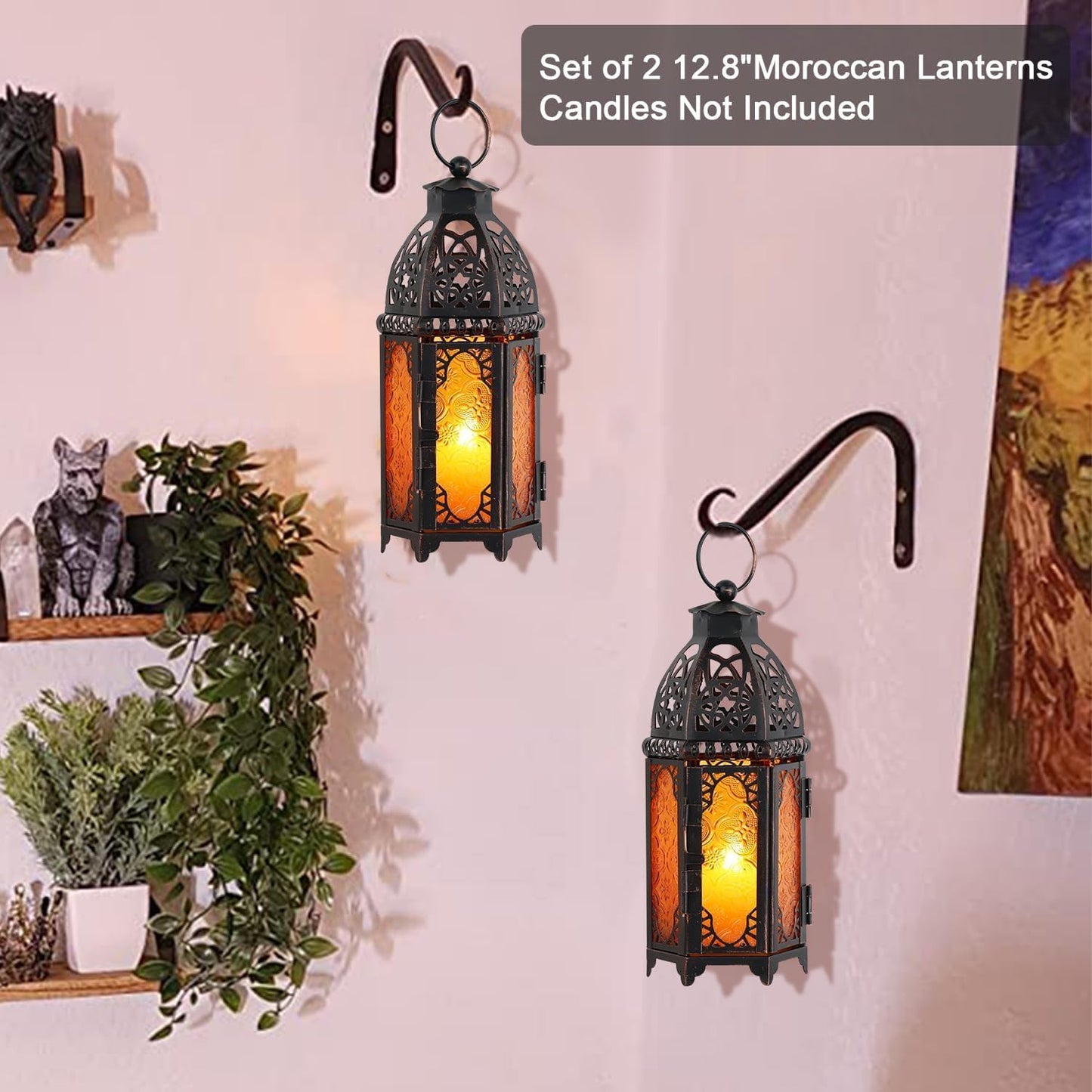 NEEDOMO Set of 2 Hanging Moroccan Lantern, 12.8'' Vintage Candle Holder, Metal Lanterns Decorative Indoor Outdoor, Table, Patio, Porch, Shelf, Ramadan Decorations (Amber)