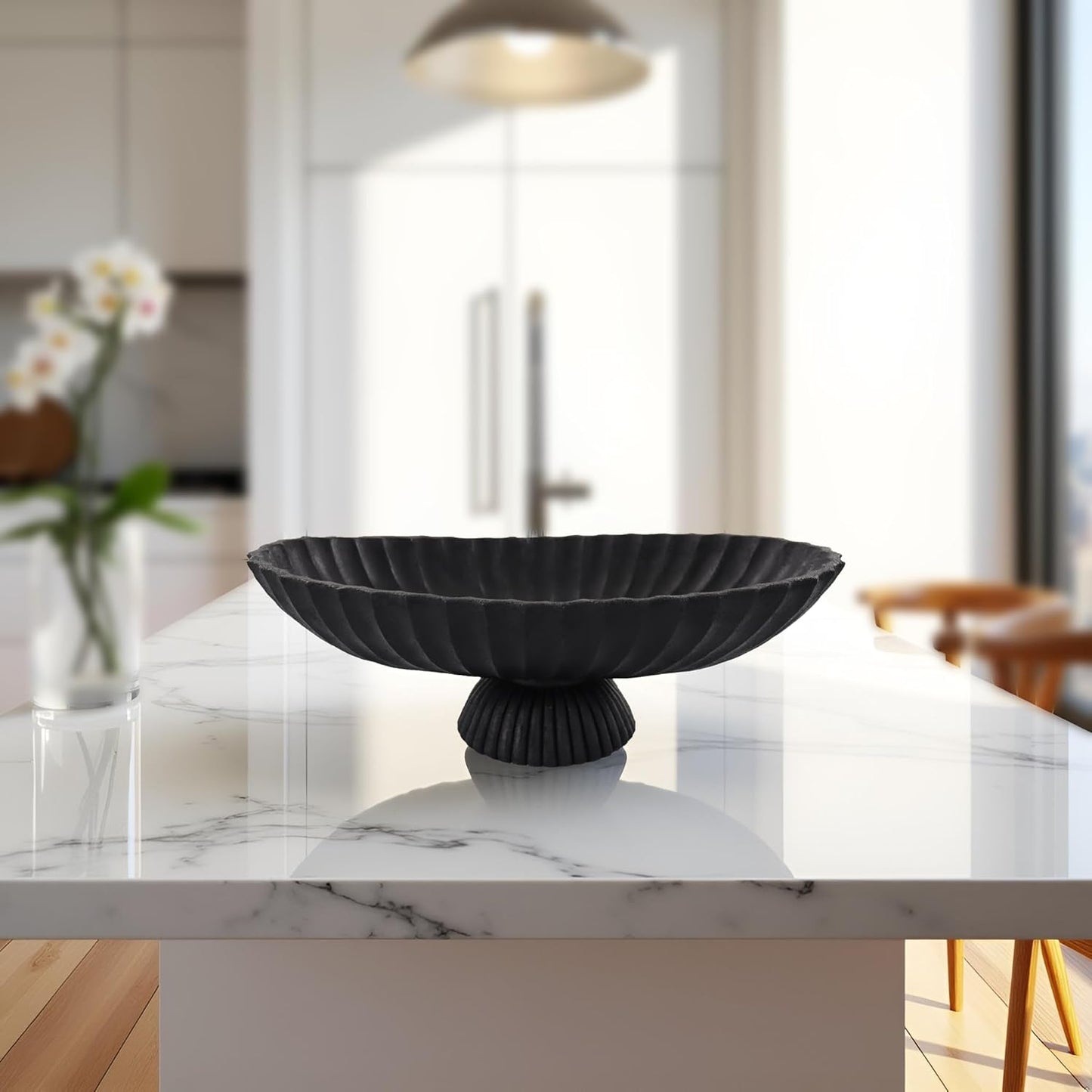 14.5" Large Decorative Long Bowl - Black Fluted Scalloped Decorative Bowls for Home Decor - Ruffle Decor,Stylish Key Bowl for Entry Table,Decorative Fruit Bowls for Kitchen Counter