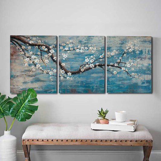 3 Piece Wall Art Hand-Painted Framed Flower Oil Painting On Canvas Gallery Wrapped Modern Floral Artwork for Living Room Bedroom Décor Teal Blue Lake Ready to Hang 12"x16"x3 panel