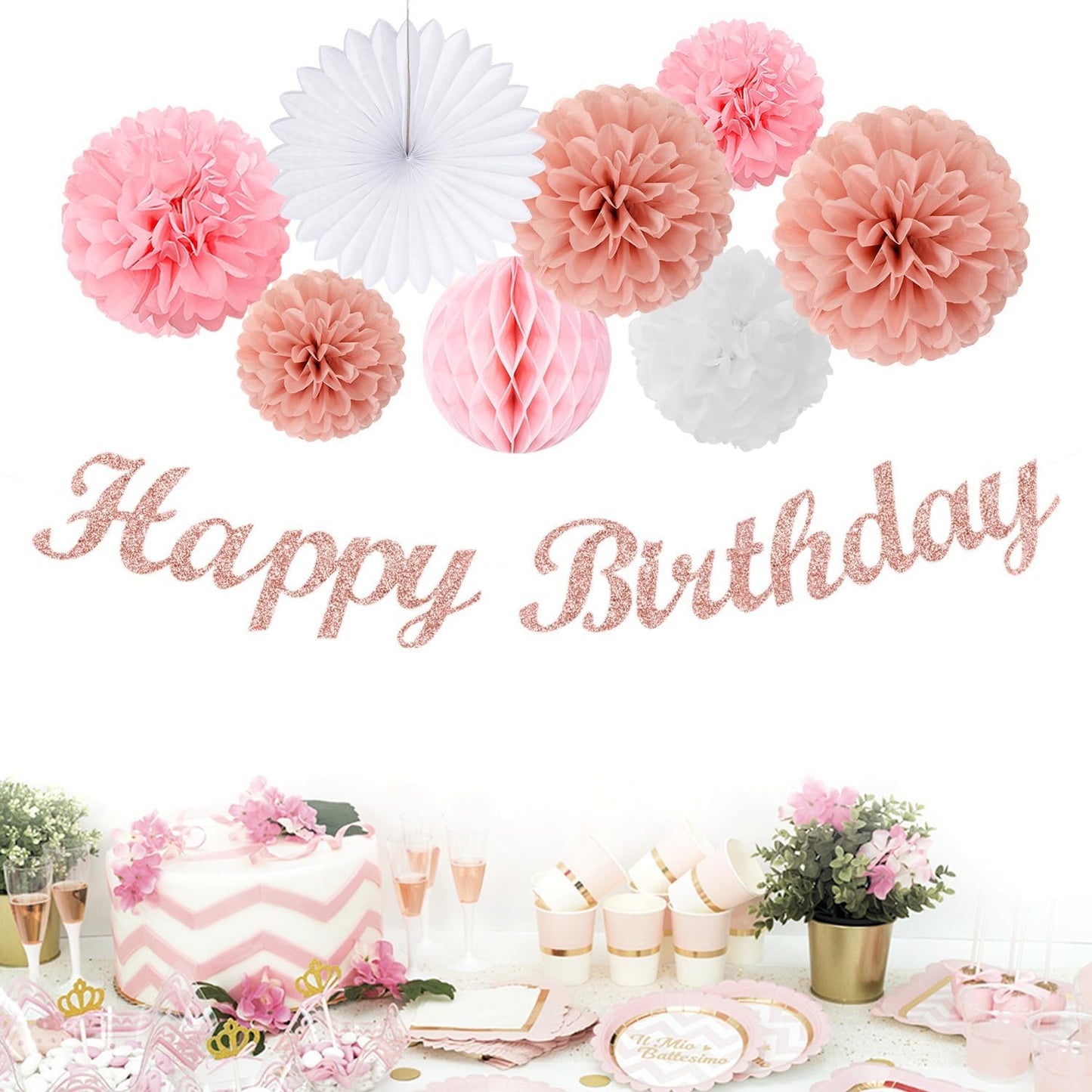 Light-Pink Rose-Gold Birthday Garland Party-Decorations - 14pcs Happy Banner Women Paper Flowers Lanterns Tissue Pom Poms,Streamers Fans Honeycomb Girls Adult Women Kids Hanging Supplies Decor Hugfond