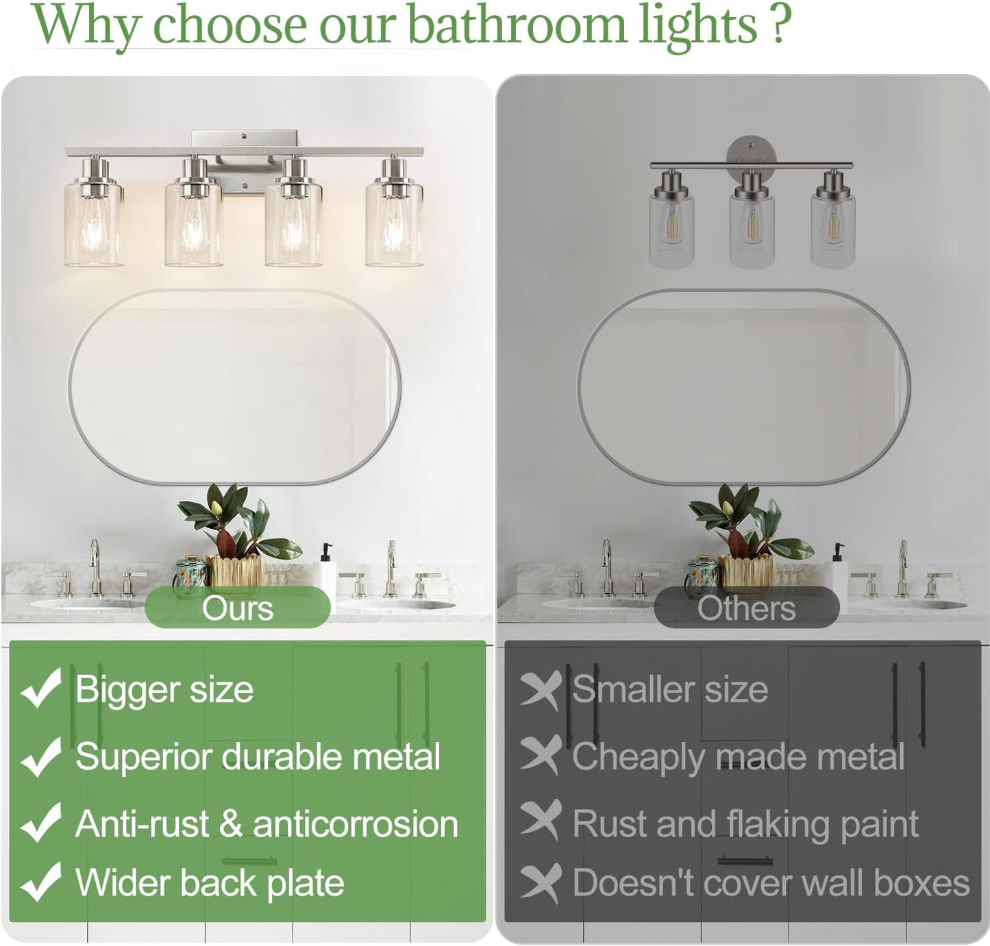 4-Light Bathroom Light Fixtures, Brushed Nickel Vanity Lights with Clear Glass Shades, Modern Bathroom Wall Lamp for Mirror Living Room Cabinet Bedroom Porch