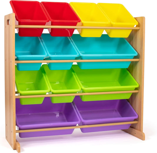 Humble Crew Kids Toy Storage Organizer with 12 Plastic Bins, Natural Wood/Rainbow – Removable Bins for Playroom, Bedroom, Toddler Furniture for Boys and Girls Ages