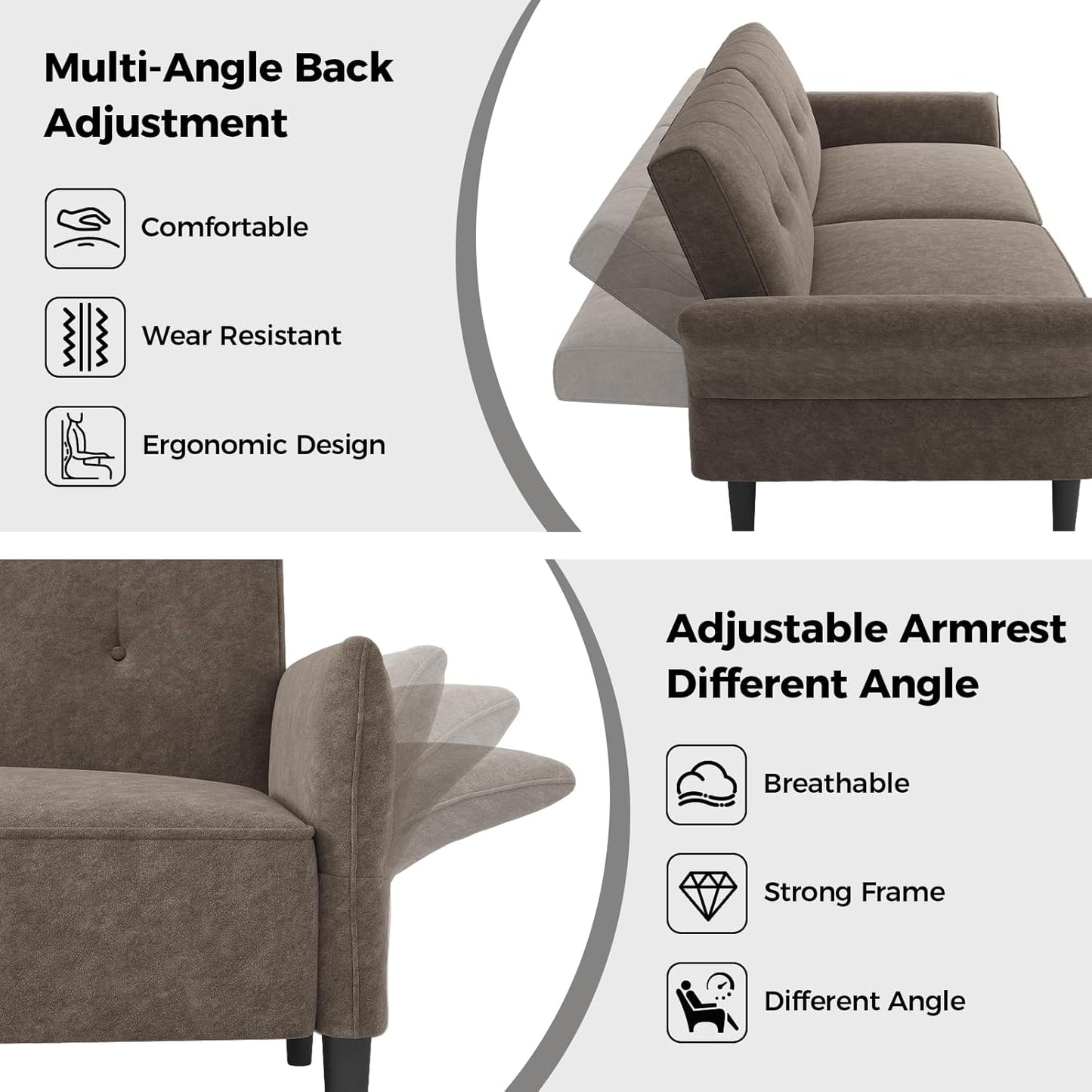 89” Futon Sofa Bed, Comfy Futon Couch Bed with 2 Square Pillows, Convertible Sleeper Sofa with Adjustable Backrest& Armrests, Modern Loveseat Sleeper for Living Room, Bedroom, Light Brown