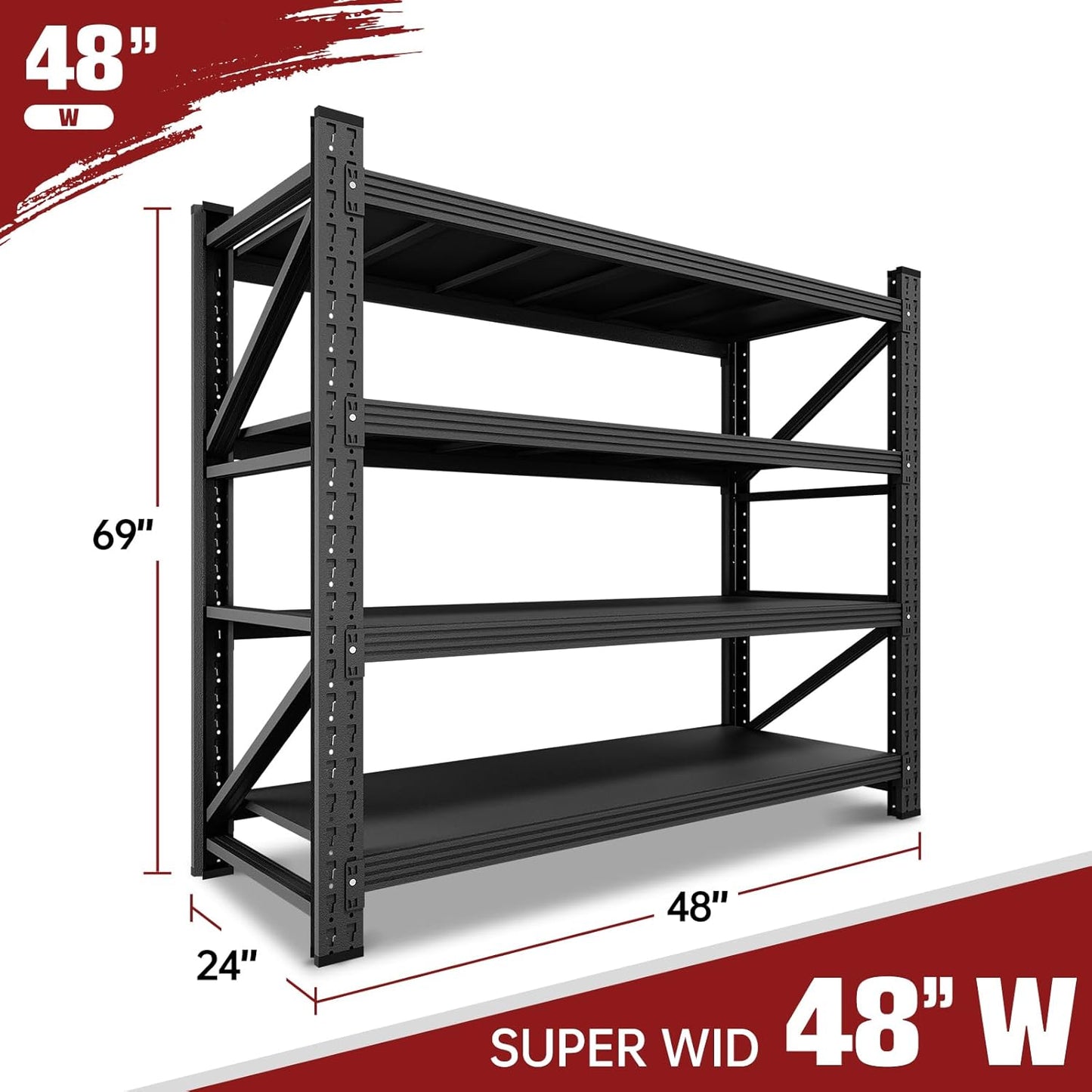 3000LBS Storage Shelves,48" W Garage Shelving Heavy Duty Metal Adjustable Garage Shelves, Shelving Units Industrial Shelving for Warehouse,48" W x 24" D x 69" H,Black