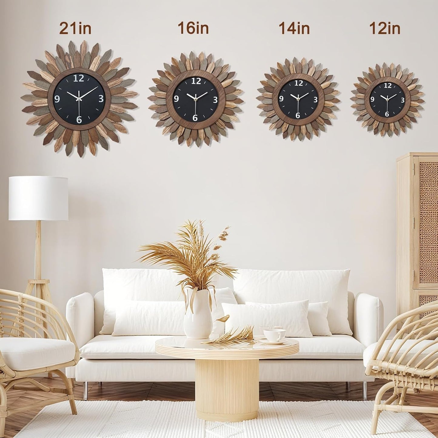 Honiway 16 Inch Wall Clocks, Rustic Wood Boho Sunburst Decorative Wall Clock Battery Operated Silent Non Ticking Farmhouse Large Wall Clocks for Living Room Kitchen Bedroom Home Decor (Tricolor)