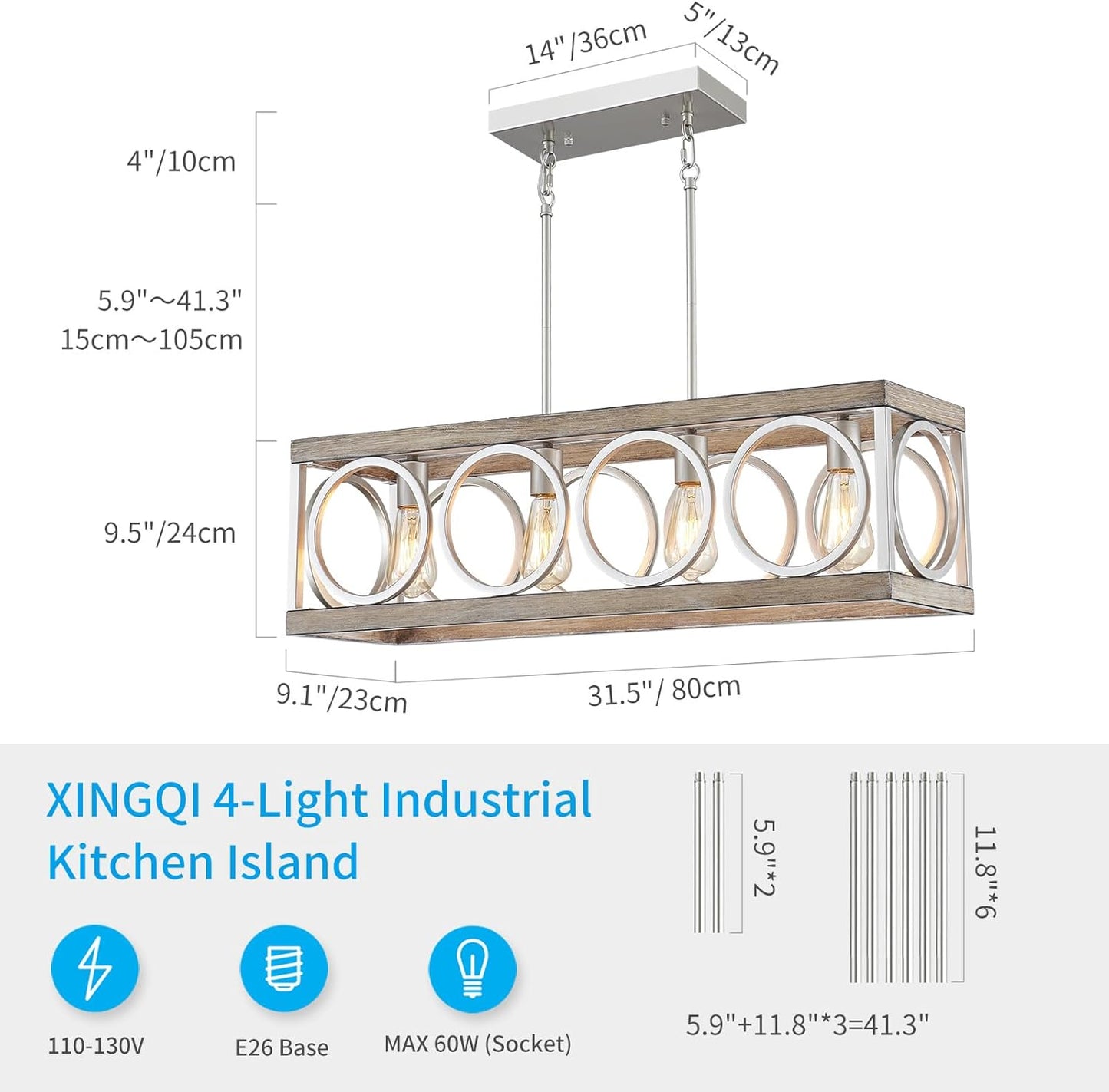 XINGQI Farmhouse Dining Room Chandeliers, Rectangle Vintage Hanging Lighting Fixtures, 4-Light Kitchen Island Lighting, Rustic Metal Chandelier Pendant Light, Antique Wood Grain XY082