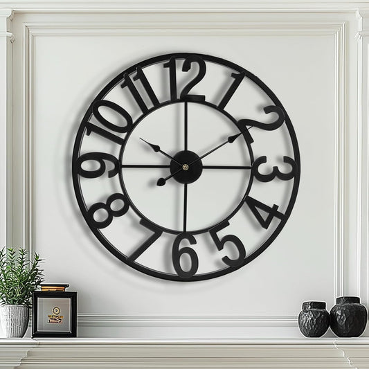 Tatub 24 Inch Large Wall Clock for Living Room Decor, Arabic Numeral Modern Round Decorative Metal Large Wall Clock for Bedroom and Kitchen, Silent, Non Ticking, Battery Operated