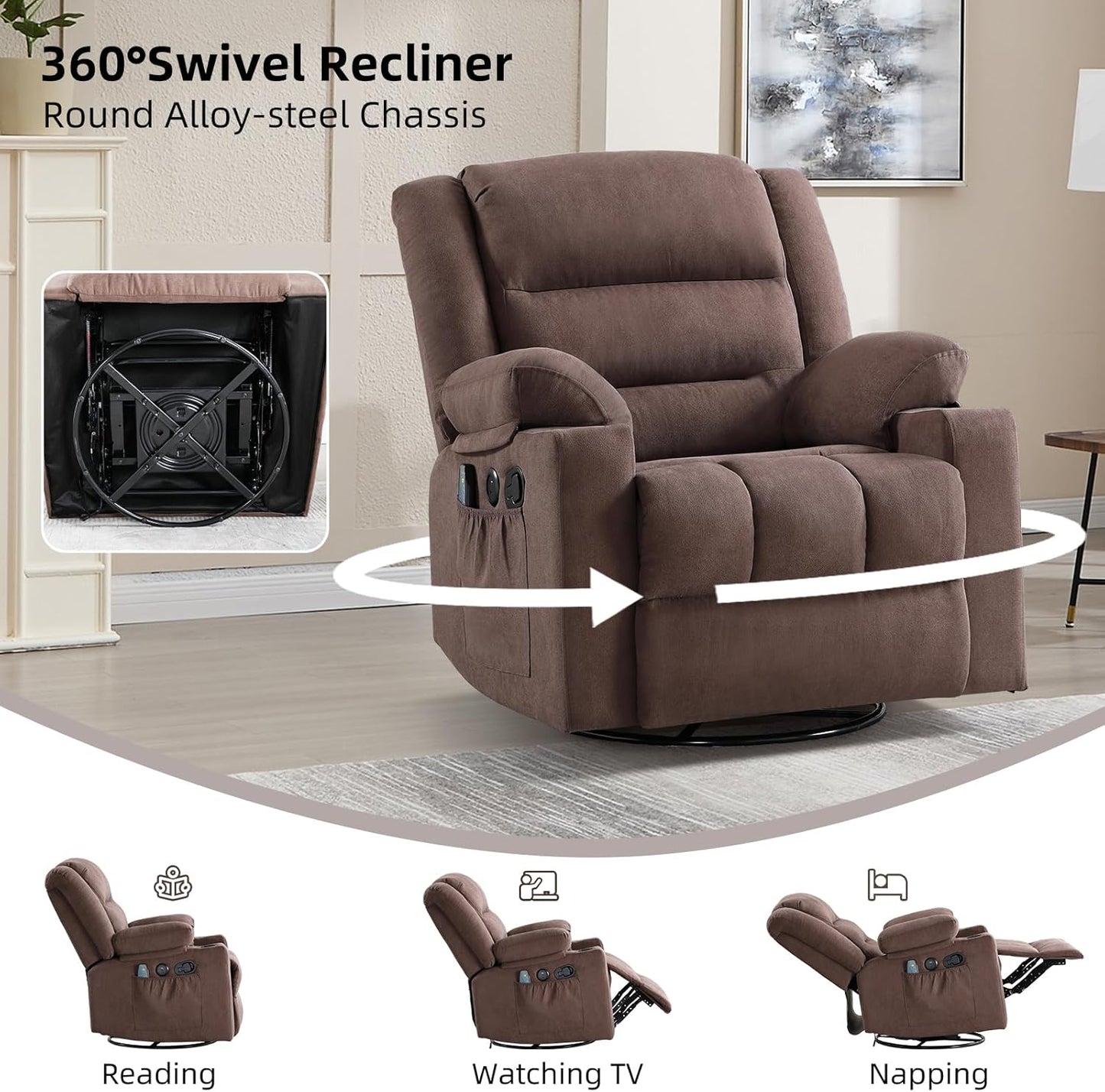 Rocker Recliner Chair with Heat and Massage, 360° Swivel Recliner Chairs for Adults, Heavy Duty Reclining Sofa Chair with USB Port Cup Holders Side Pockets for Living Room (Brown)