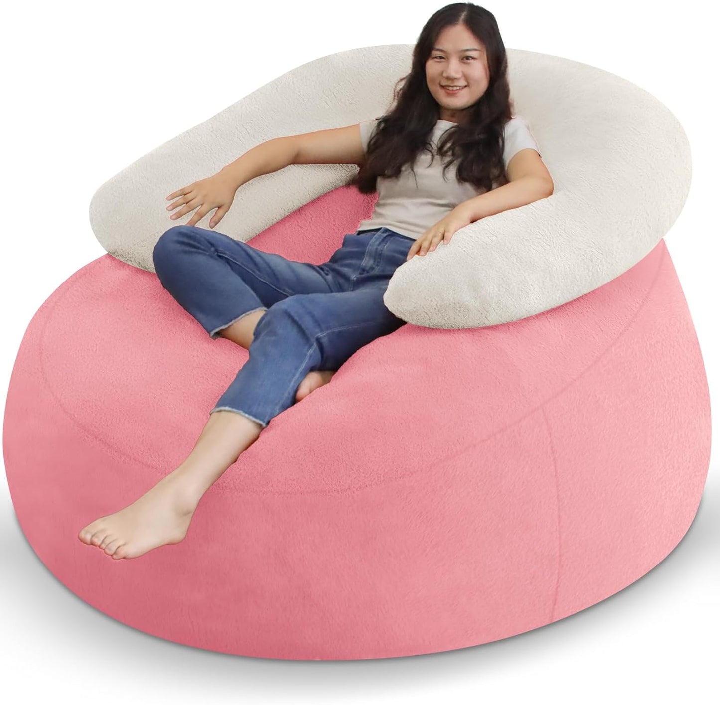 HABUTWAY Bean Bag Chair with U-Shaped Pillow - Faux Fur Fabric (Beige-Light Pink)