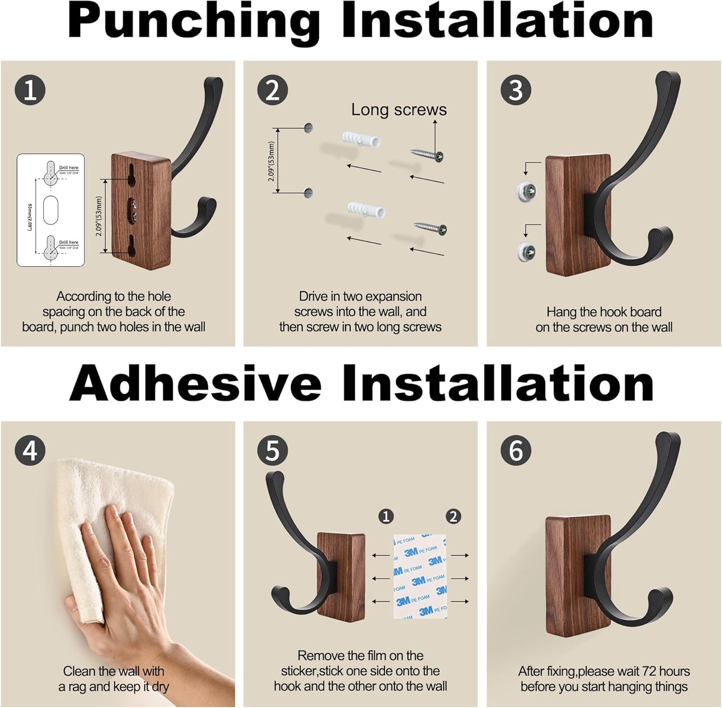 8 Pack Wooden Wall Hooks for Hanging, Adhesive Mounted & Wall Mounted Nature Wood Coat Hooks for Towel Clothes Blanket Hat Backpack Robe Nursery Door Board Entryway Key Holder