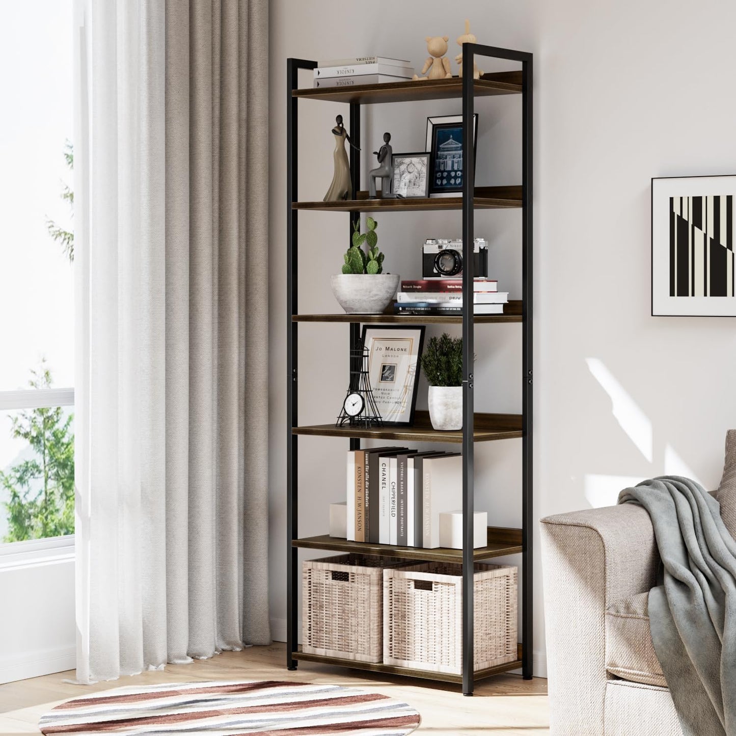 NUMENN Bookshelf, 6 Tier Bookshelves, Home Office Bookcase Shelf Storage Organizer, Free Standing Storage Shelving Unit for Bedroom, Living Room and Home Office, Dark Walnut