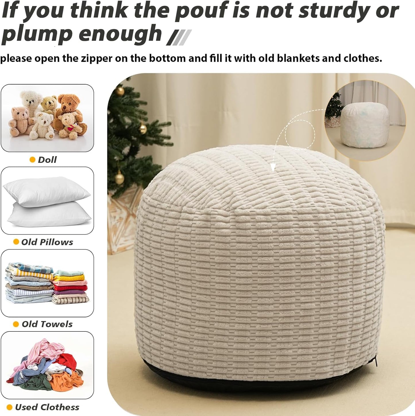 Round Stuffed Pouf Ottoman for Foot Rest, Storage Ottoman Pouf Foot Stool Cushion, Faux Fur Poufs with Foam Chunk Filling, 26 X 18 Inch Floor Chair for Living Room Bedroom Home Decor, Beige