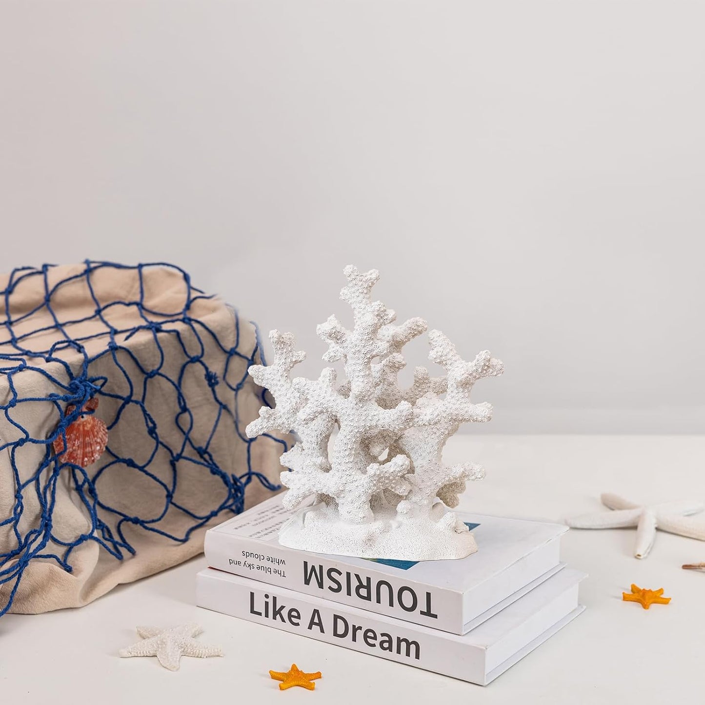 7.1" H White Coral Decor, Resin Statue, Nautical Decorations for Home, Bedroom, Bathroom, Living Room, Beach/Coastal/Ocean Themed Cabinet Shelf Tabletop Decor